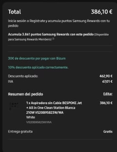 Samsung Aspiradora sin Cable BESPOKE Jet + All in One Clean Station 210W por 386,10€