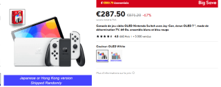 Console Nintendo Switch OLED à 287,50€