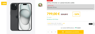 iPhone 15 128GB color Negro por 799€