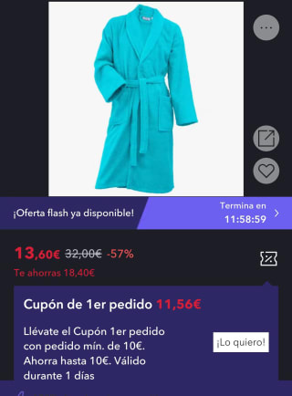 Albornoz de Baño 100% Algodón 420gr. Sin Capucha, Extrasuave y absorvente por 13,60€ (cuenta nueva por 11,56€)