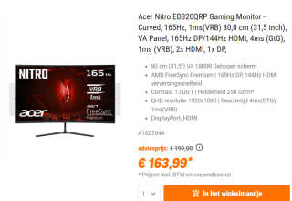 Acer ED320QRP3 32" Full HD 165Hz Zwart monitor voor €163,99 bij NBB