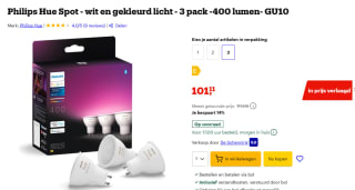 Philips Hue Spot - wit en gekleurd licht - 3 pack -400 lumen- GU10 voor €101,11 bij Bol