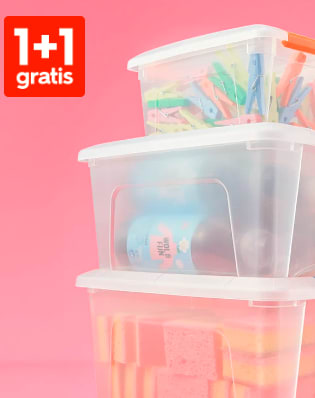 Alle plastic opbergboxen 1+1 gratis bj de Hema