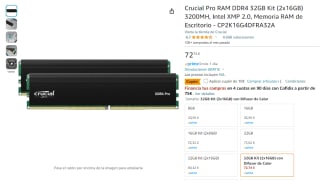 Memoria Crucial Pro RAM DDR4 32GB Kit (2x16GB) 3200MH por 62,74€