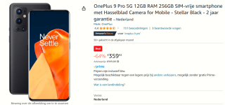 OnePlus 9 Pro (12GB intern, 256GB opslag) Zwart voor €359,94 bij Amazon