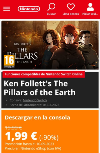 Ken Follett's The Pillars of the Earth Nintendo Switch por 1,99€.