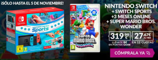 Consola Nintendo Switch + videojuego Mario Wonder y Switch Sports + Cinta Pierna + 3 Meses Online + 8€ por 319,99€