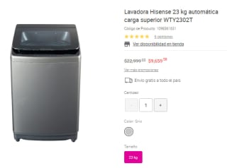 Lavadora carga superior Hisense por $9659.58 en Liverpool