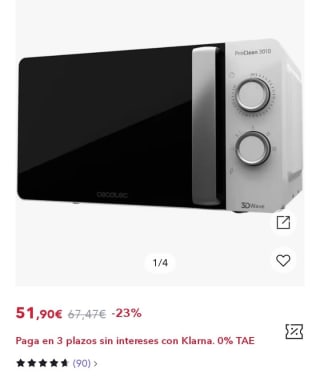 Cecotec ProClean 3010 Microondas 20L 700W por 36,90€.