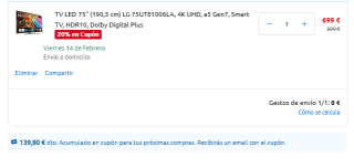 TV LED 75" LG 75UT81006LA, 4K UHD, a5 Gen7, Smart TV + cupón 139,80€ por 699€