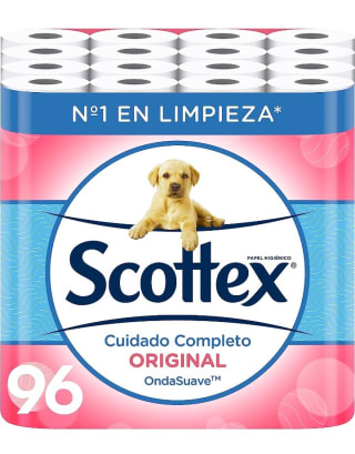 Scottex Original Papel Higiénico 96 rollos, 6 packs de 16 rollos por 20,86€.