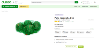 Palta Hass en malla de 1 kg por $2.990