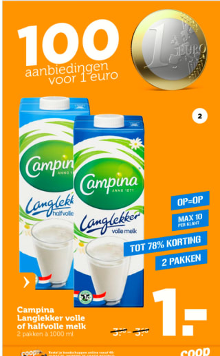 Campina houdbare melk 2 stuks voor €1 bij de Coop