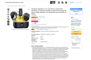 Micrófono inalámbrico 2 en 1 para iPhone redución de Ruido con Estuche de Carga de 40H,Solapa magnética,Abrazadera entrevistas 25M por solo 35,12€