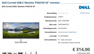 Dell Curved USB-C Monitor P3421W 34" monitor voor €314 bij Informatique