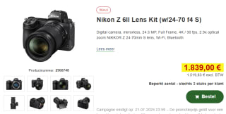 Nikon Z6 II Compact Systeemcamera + 24-70mm f4 lens/objectief voor €1.839 bij Proshop