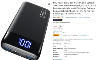 Power Bank, 22,5W USB C 20000mAh voor €17,99 bij Amazon