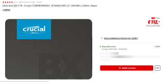 Disco duro SSD 2 TB - Crucial CT2000BX500SSD1, 3D NAND SATA 2.5", 540 MB/s, 6 Gbit/s, Negro por 112€