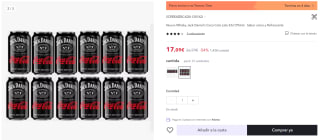 12 latas Whisky Jack Daniel's Coca Cola Lata 33cl por 17,09€ (cuenta nueva 10,25€)