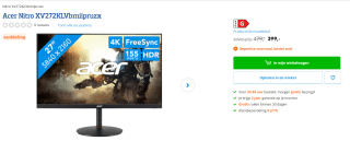 Acer Nitro XV272KLV 27" 4K Ultra HD 155Hz IPS Gaming monitor voor €399 bij Coolblue