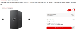PC gaming - HP Victus 15L Gaming TG02-0048ns, Intel® Core™ i5-12400F, 16GB RAM, 512GB SDD + 1TB HDD, GTX™1660 SUPER, FreeDos por 485.04€