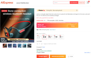 Fone de Ouvido da Lenovo, modelo X3 Bluetooth IPX5 - R$ 43,47