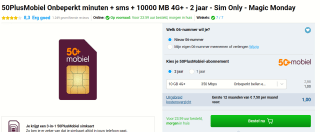 50PlusMobiel-Sim Only-abonnement met onbeperkt bellen en sms + 10 GB 4G+ voor €1 p.m.