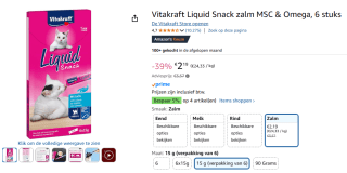 Vitakraft Liquid snack zalm & omega 90 g voor €2,19 bij Amazon
