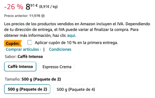 1 Kg. Café en grano natural Caffè Intenso by Amazon por solo 8,19€