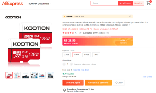 Cartão Micro SD de 128GB da Kootion - R$ 28,55