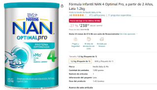 Fórmula Infantil NAN 4 1.2Kg por $238 en Amazon