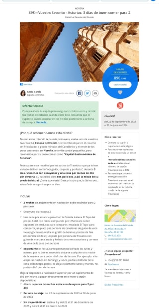 Asturias Escapada 3 días para 2 personas por sólo 89€.