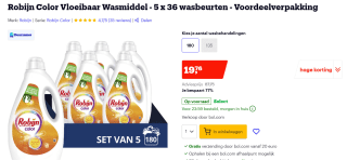 Robijn Color Vloeibaar Wasmiddel - 5 x 36 wasbeurten - Voordeelverpakking voor €19,76 bij Bol.com
