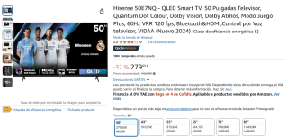TV QLED 50" Hisense 50E7NQ, UHD 4K, HDR10+, Modo Juego por 279,65€