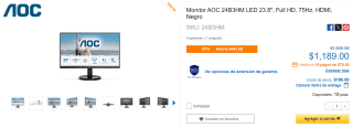 Monitor AOC 24B3HM LED 23.8" por $1,189 en CyberPuerta