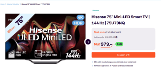 Hisense 75U7NQ - 75 inch - 4K MiniLED - 2024 voor €979 bij Ibood