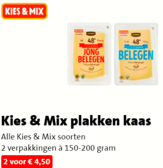 Kies & Mix plakken kaas 2 stuks voor €4,50 bij de Jumbo