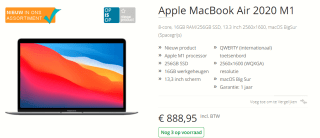Apple MacBook Air 2020 M1 8-core, 16GB RAM/256GB SSD voor €888,95 bij Nowthatsit