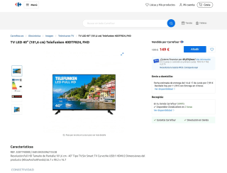 TV LED 40" 101,6 cm Telefunken 40DTF824 FHD por solo 149€