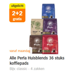 Alle Perla Huisblends 36 stuks koffiepads 2+2 gratis bij de AH