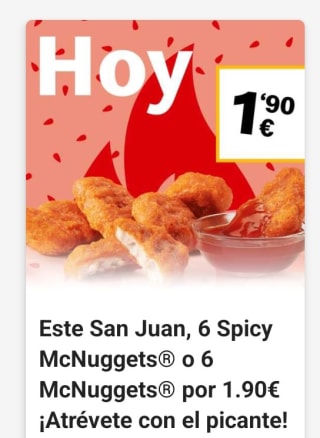 Oferta Flash 6 mcnuggets o 6 mcnuggets spicy por 1,90€