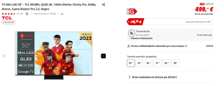 TV Mini LED 50" TCL 50C805, QLED 4K, 144Hz Motion Clarity Pro, Dolby Atmos, Game Master Pro 2.0 por 424,15€