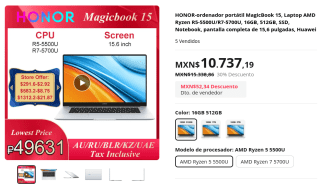 HONOR MagicBook 15 Ryzen 7 5700U a $10,315 en AliExpress