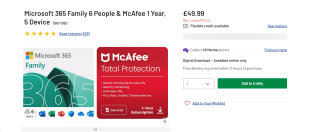 Microsoft 365 Family 6 People & McAfee 1 Year - £49.99