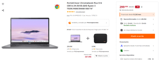 Portátil Acer Chromebook Plus 514 CB514-3H-R81B AMD Ryzen 3 7320C/8GB/256GB SSD por 289€