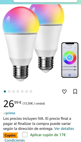 Pack de 2 Bombillas Alexa, E27 por 9,99€.