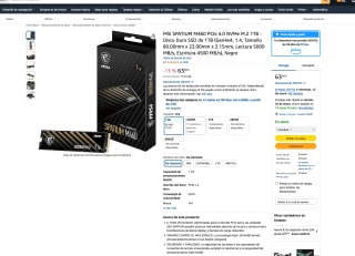 Disco MSI SPATIUM M460 PCIe 4.0 NVMe M.2 Duro SSD 1TB por 63,98€