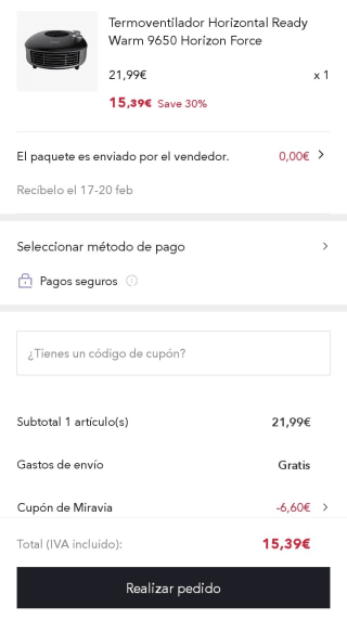 Cecotec Termoventilador Horizontal Ready Warm 9650 Horizon Force por 15,39€.