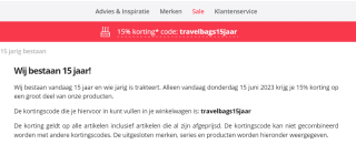 Alleen vandaag 15% korting op veel artikelen bij Travelbags