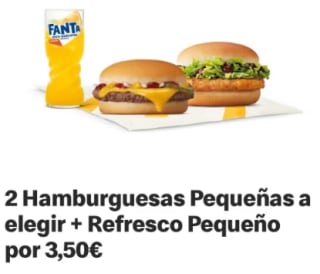 2 hamburguesas pequeñas + bebida pequeña por 3,50€